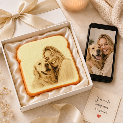 MadeMine personalized photo toast squishy toy with a custom face, soft stress relief fidget bread for friends, couples, and pet lovers.