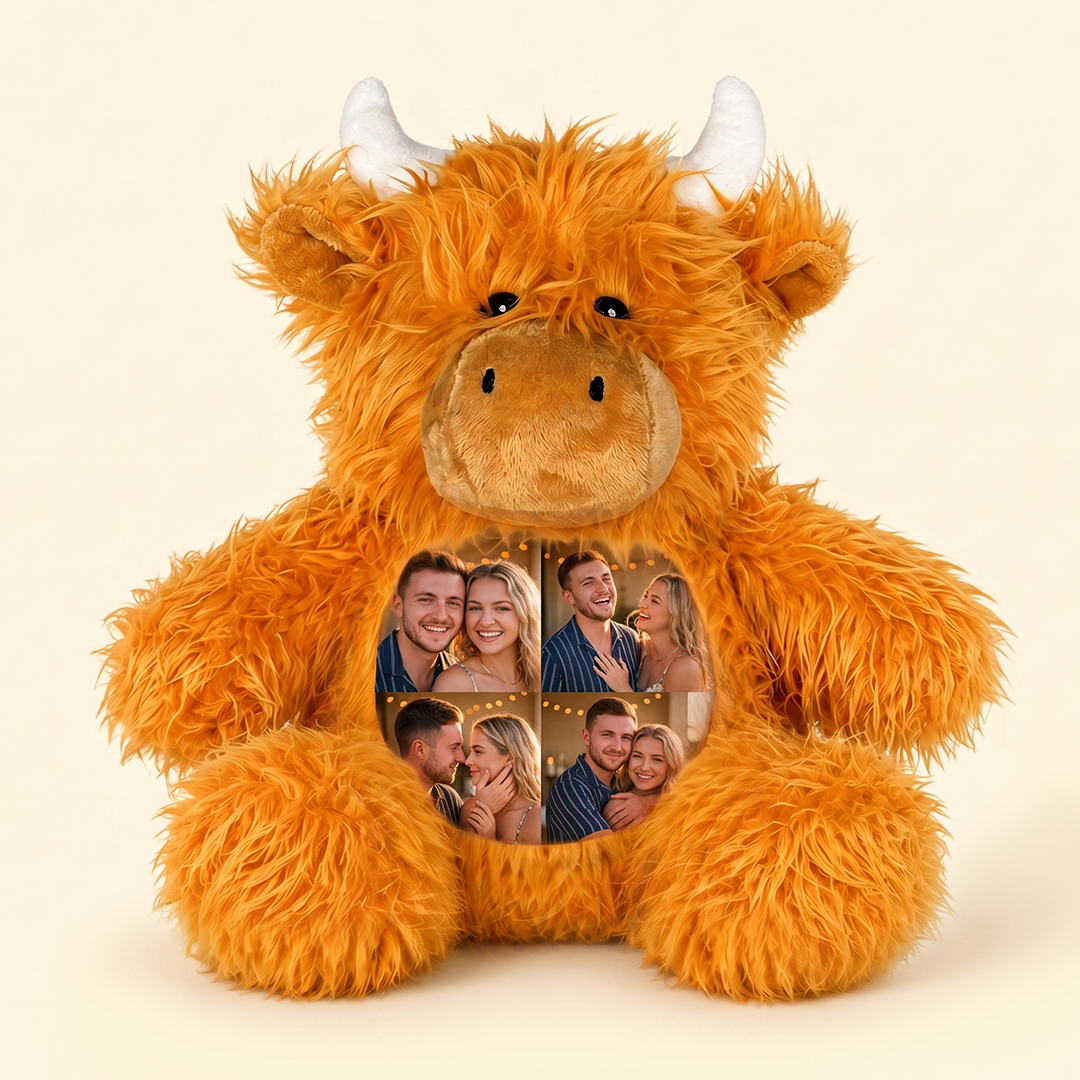 MadeMine personalized Highland Cow plush toy with custom 4-photo design, soft and cuddly stuffed animal for gift-giving.