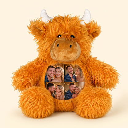 MadeMine personalized Highland Cow plush toy with custom 4-photo design, soft and cuddly stuffed animal for gift-giving.