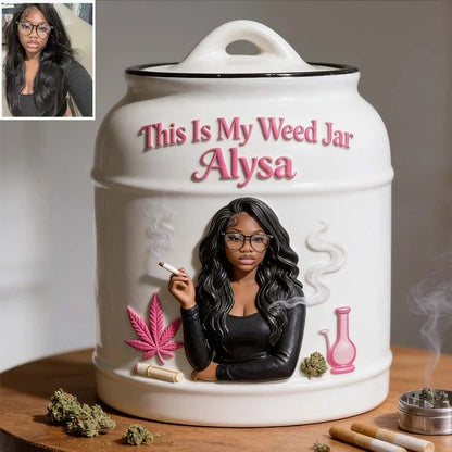 Personalized Cannabis Stash Jar by MadeMine, ceramic weed storage container with lid, ideal for storing and gifting to smokers.