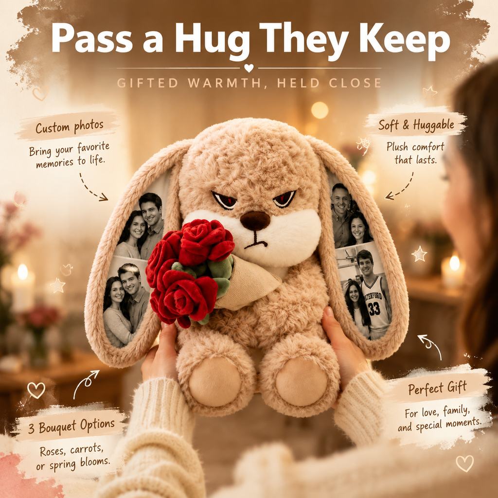 MadeMine personalized grumpy bunny plush with custom photo ears and roses, perfect romantic gift for couples
