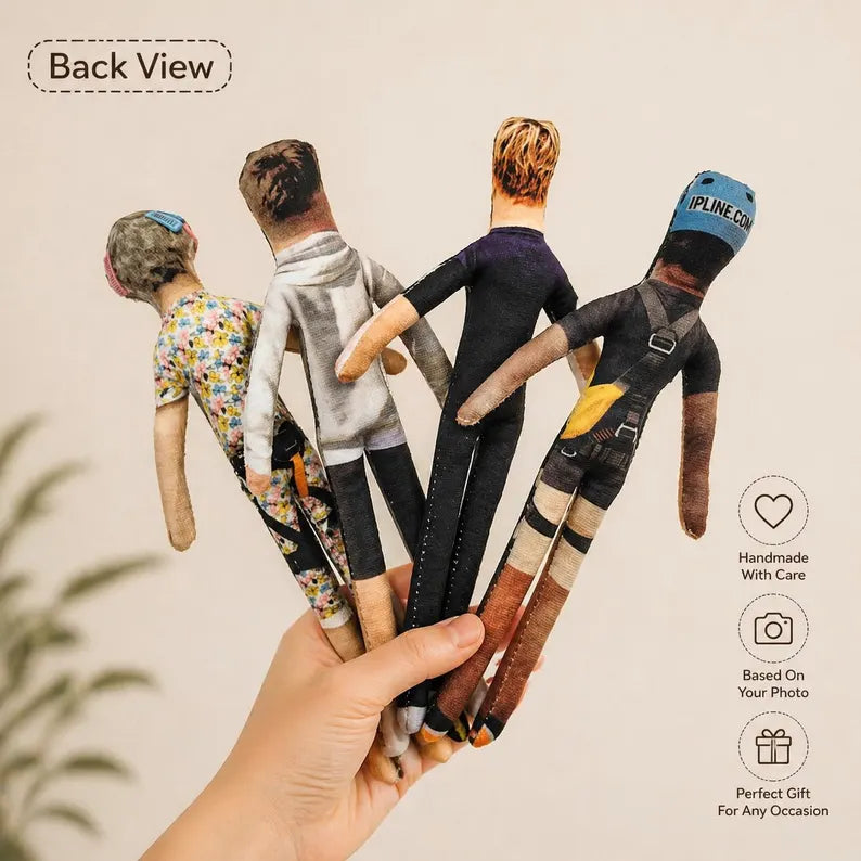 MadeMine full body custom mini me doll posed for a photo, personalized poseable gift miniature figure