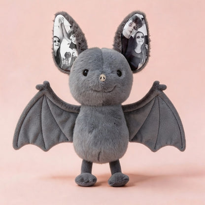 Personalized MadeMine photo bat plush with custom Halloween design, featuring soft plush material and personalized photo print.
