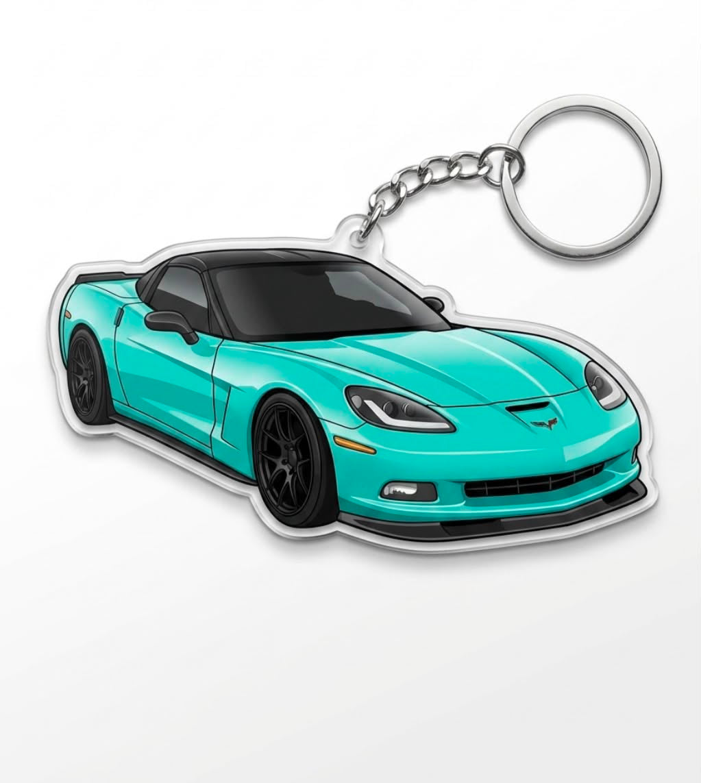 Custom acrylic car-shaped keychain with personalized photo, made by MadeMine, featuring a vehicle shape and custom image.