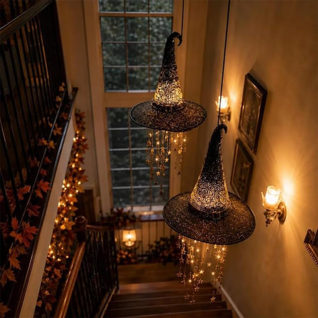 MadeMine LED light-up witch hat hanging decor for Halloween and Christmas, featuring a festive, illuminated witch hat design.