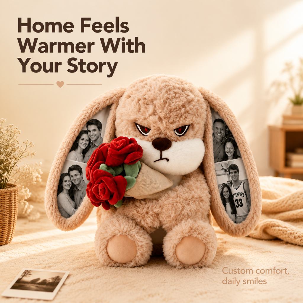 Personalized Grumpy Bunny plush from MadeMine with custom photo ears and roses, a romantic gift for couples.