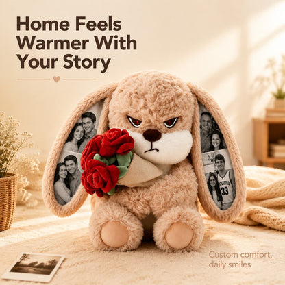 Personalized Grumpy Bunny plush from MadeMine with custom photo ears and roses, a romantic gift for couples.